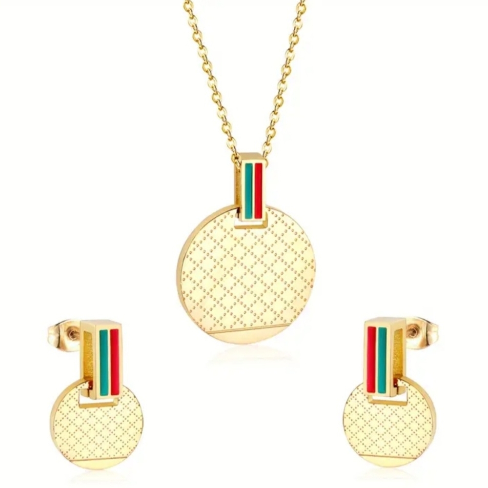 Chic Gold Necklace and Earring Set with Red and Green Accents 925 Stamp - Picture 2 of 7